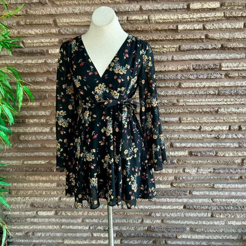 Free People Lilou Black Retro Floral Skater Mini Dress Size Small